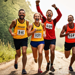 **Team Tales Runner**: A vibrant and energetic scene of a Tales Runner team celebrating a victory, highlighting teamwork and positive vibes.
