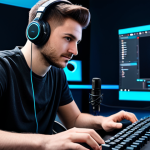 A professional gamer, fully clothed in a modest, dark gaming jersey and over-ear headphones, intensely focused on a vibrant game displayed on a large monitor. One hand rests on a high-quality mouse, the other on a keyboard. A studio microphone is positioned clearly, suggesting live commentary. The background is a clean, modern gaming setup with subtle ambient LED lighting, emphasizing a high-quality broadcast environment. The image is safe for work, appropriate content, fully clothed, professional dress, perfect anatomy, correct proportions, natural pose, well-formed hands, proper finger count, natural body proportions, highly detailed, realistic, studio lighting.