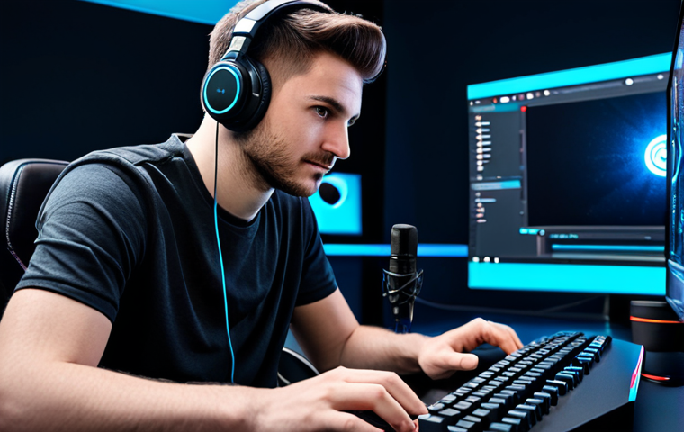 A professional gamer, fully clothed in a modest, dark gaming jersey and over-ear headphones, intensely focused on a vibrant game displayed on a large monitor. One hand rests on a high-quality mouse, the other on a keyboard. A studio microphone is positioned clearly, suggesting live commentary. The background is a clean, modern gaming setup with subtle ambient LED lighting, emphasizing a high-quality broadcast environment. The image is safe for work, appropriate content, fully clothed, professional dress, perfect anatomy, correct proportions, natural pose, well-formed hands, proper finger count, natural body proportions, highly detailed, realistic, studio lighting.
